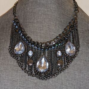 Vintage chain, clear rhinestone & baby blue crystal statement necklace